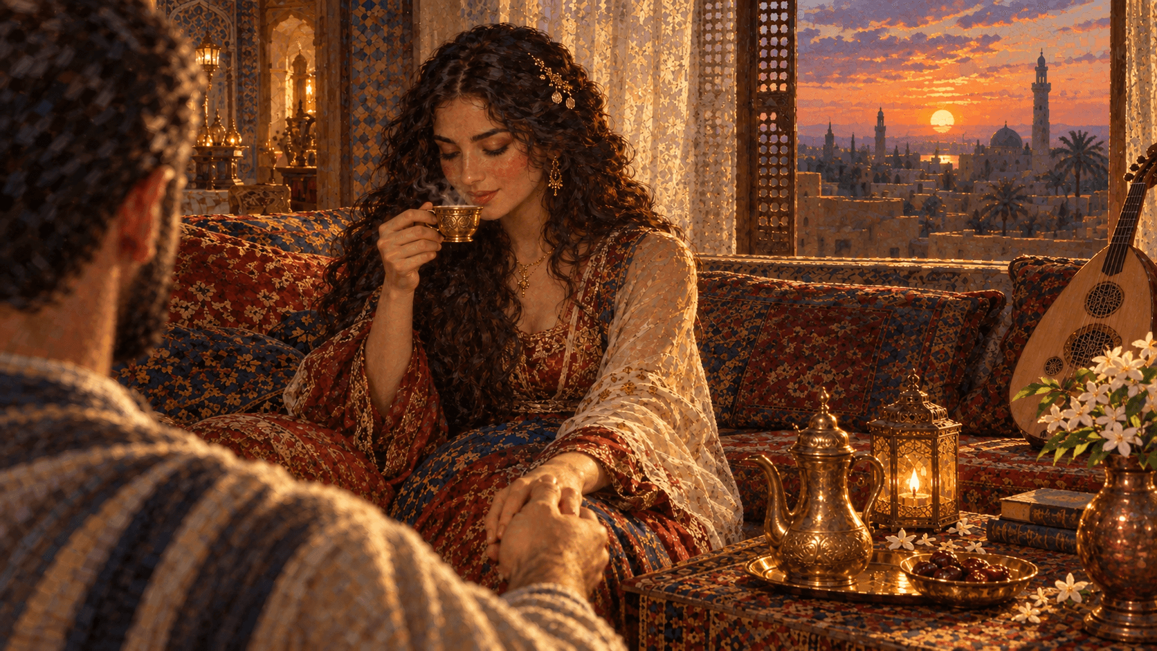 امرأةٌ بشعرٍ مجعّد وثوبٍ مطرّز ترتشف القهوة في مجلسٍ عربيّ عند الغروب، ويدُ رجلٍ تمسك يدها، وبجوارهما دلّةٌ وفانوسٌ وعود.