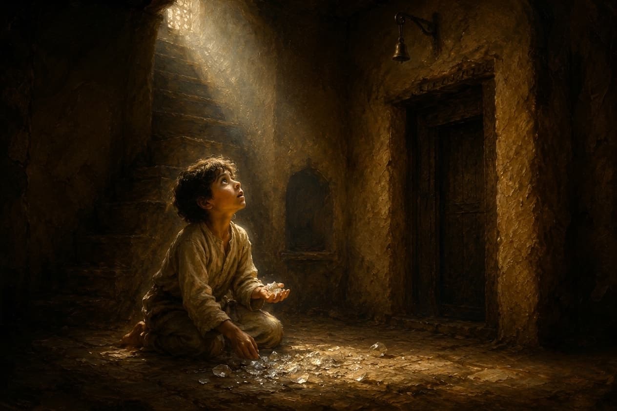 لوحة زيتية لصبي جاثٍ على أرض حجرية حوله شظايا زجاج، يرفع عينيه إلى ضوء يهبط من درج، وعلى الجدار جرس معلّق فوق باب خشبي.
