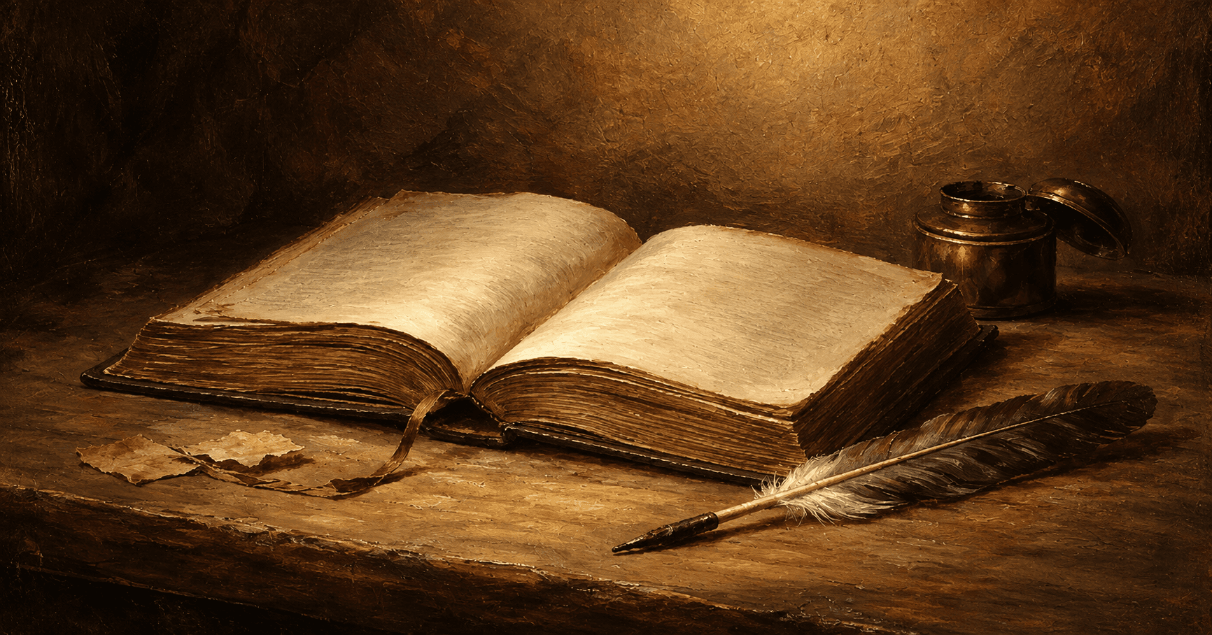 لوحة زيتية لكتاب قديم مفتوح على صفحات خالية فوق طاولة خشبية، بجانبه ريشة كتابة ومحبرة نحاسية مفتوحة وقصاصات ورق جافّة.