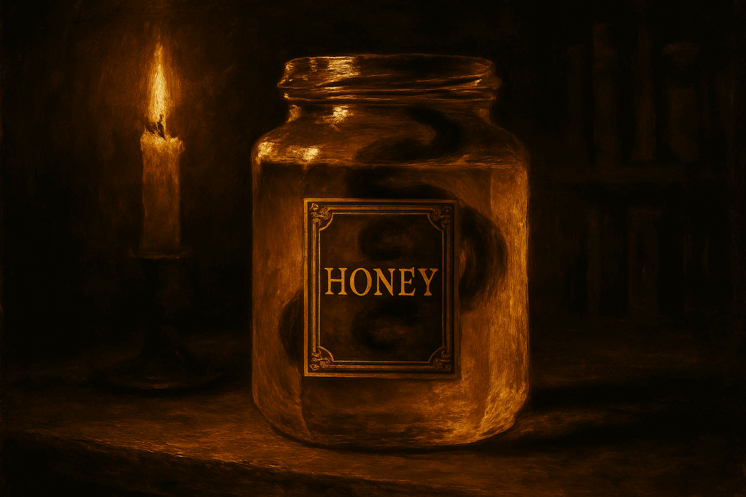 لوحة زيتية لوعاء زجاجي مملوء بسائل عسليّ اللون، عليه لوحة معدنية صغيرة مكتوب عليها HONEY بأحرف ذهبية، وبجانبه شمعة مضاءة على خلفية داكنة.