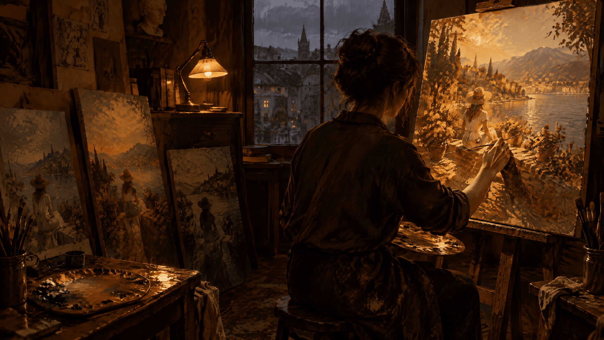 لوحة لامرأة من الخلف في مرسم معتم يضيئه مصباح مكتب ترسم على حامل منظرًا بحريًّا مشمسًا لفتاة بين الزهور، وحولها لوحات باهتة لمشاهد مشابهة، وخلف النافذة مدينة ممطرة.