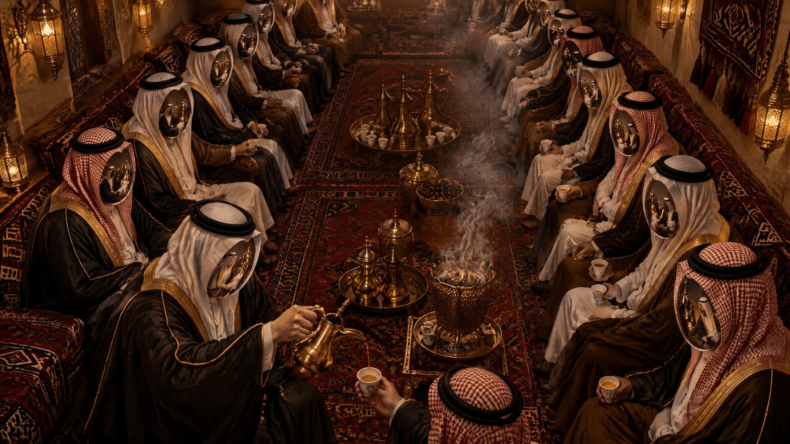 لوحة لمجلس عربي تقليدي بالسجّاد والدلال النحاسية يجلس فيه رجال بالشماغ والعقال وقد حلّت مرايا محلّ وجوههم، وأحدهم يصبّ القهوة.