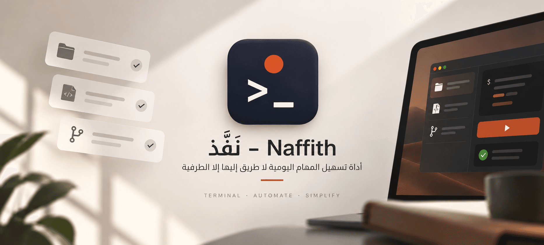 بطاقة نَفِّذ (Naffith): أيقونة الطرفية وعبارة «أداة تسهيل المهام اليومية لا طريق إليها إلا الطرفية»، وواجهة الأداة على حاسوبٍ محمول.